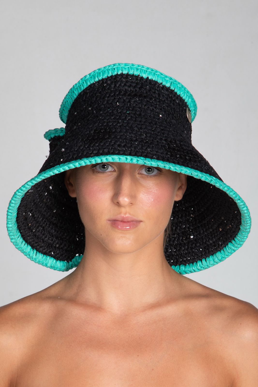 Bow, Women's Handmade Black & Turquoise Crochet Raffia Sun Hat with Oversized Back Bow