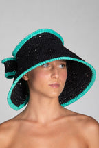 Bow, Women's Handmade Black & Turquoise Crochet Raffia Sun Hat with Oversized Back Bow