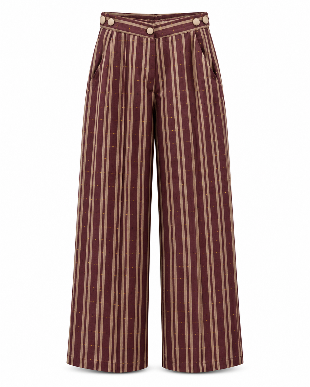 Margot, Handcrafted Adjustable Tailored Chocolate with Cream & Gold Stripes Kente Trousers