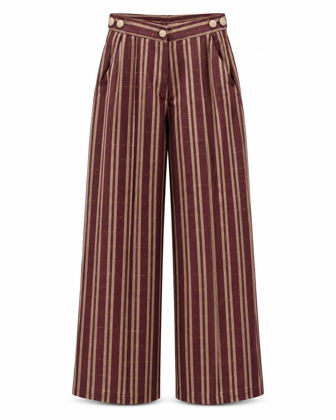 Margot, Handcrafted Adjustable Tailored Chocolate with Cream & Gold Stripes Kente Trousers