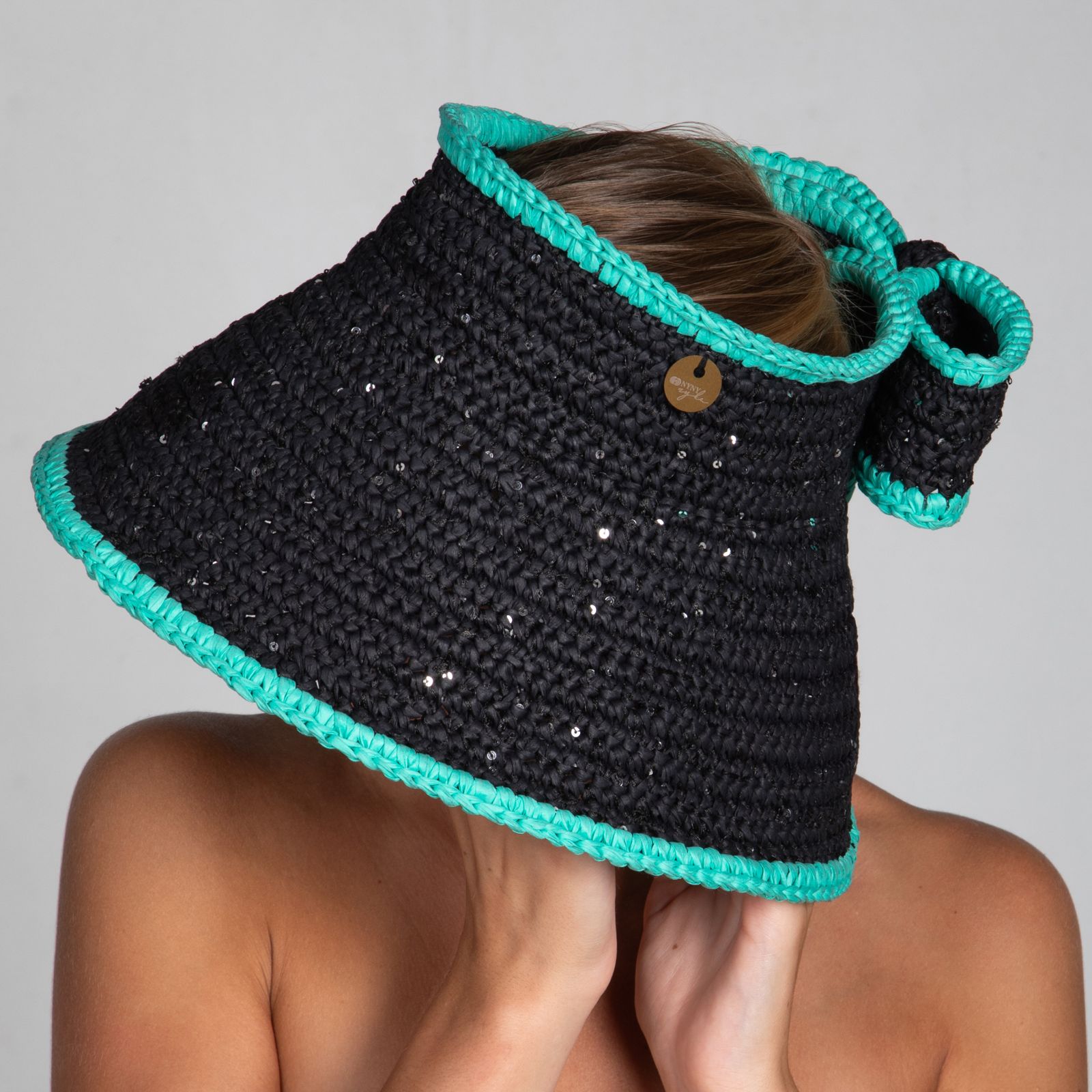 Bow, Women's Handmade Black & Turquoise Crochet Raffia Sun Hat with Oversized Back Bow