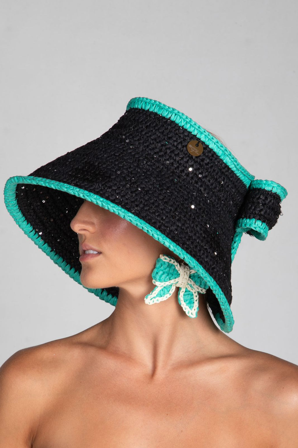 Bow, Women's Handmade Black & Turquoise Crochet Raffia Sun Hat with Oversized Back Bow