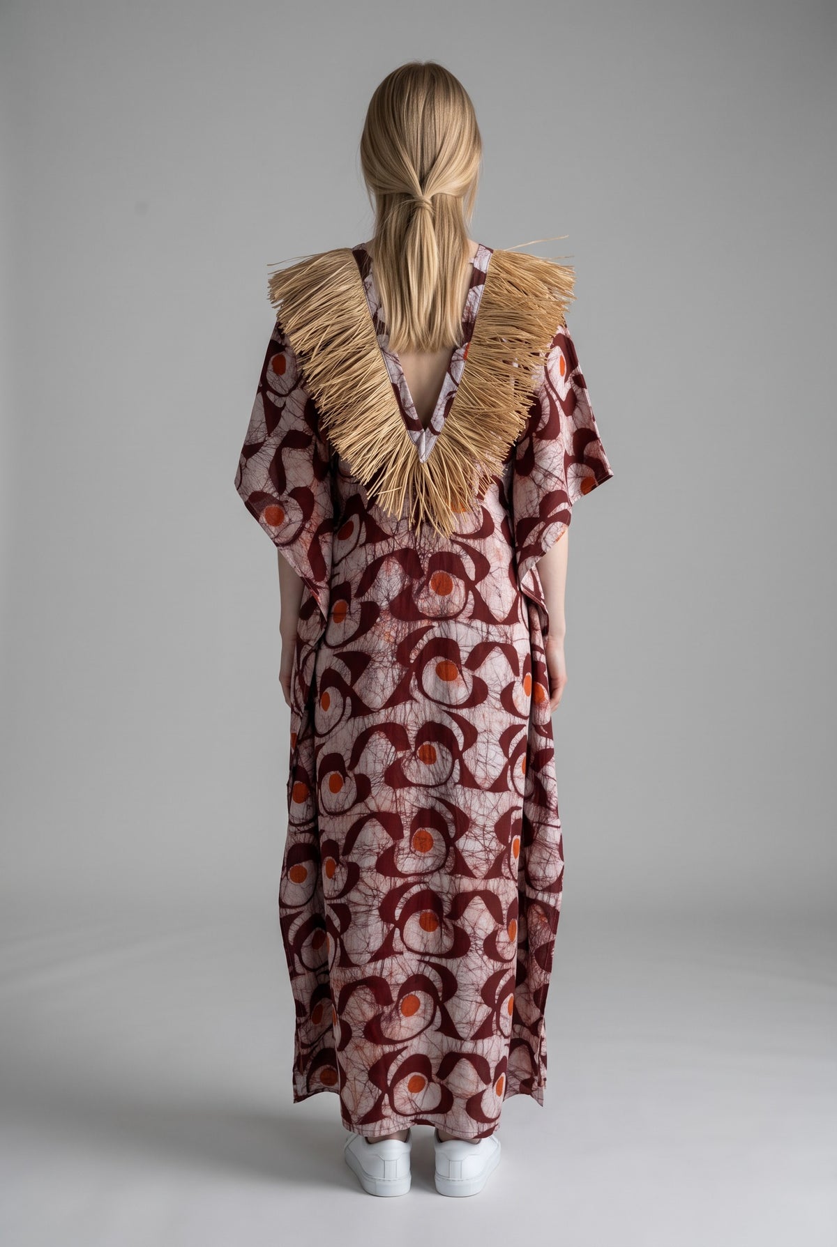 Cotonou, Handcrafted Fluid Batik Cotton Maxi Dress with Raffia Collar