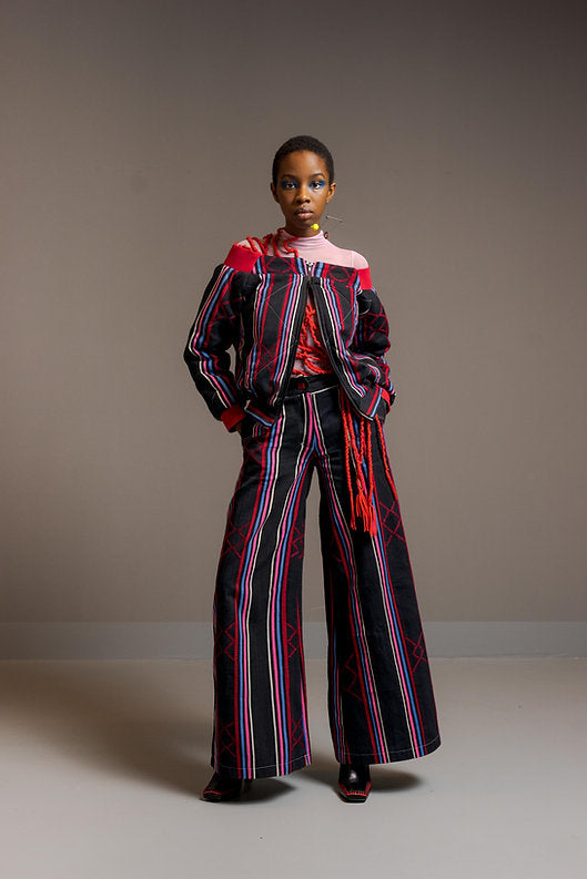 Kardascian- off-shoulder kilted  Bomber Jacket in Kente