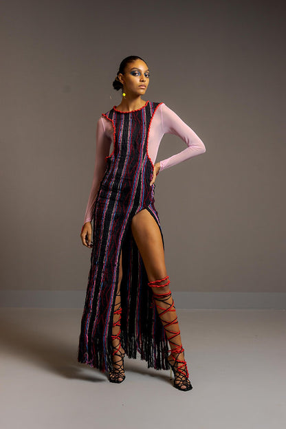 Gaga -slit dress in stretch Kente