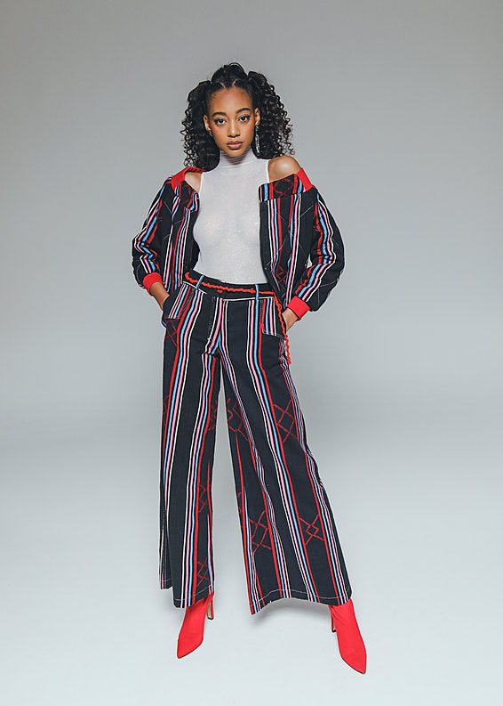 Kardascian- off-shoulder kilted  Bomber Jacket in Kente