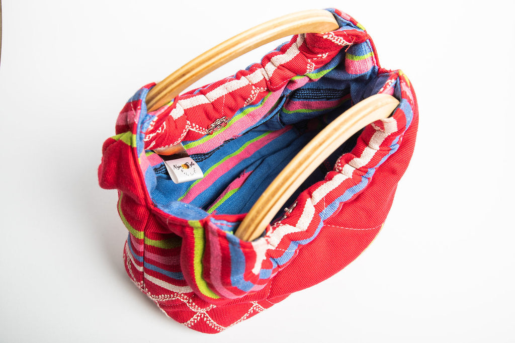 Anello, Mini borsa a mano trapuntata reversibile, Manico in bambù intrecciato