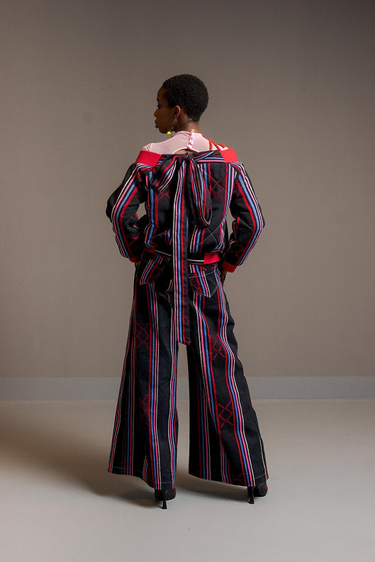 Kardascian- off-shoulder kilted  Bomber Jacket in Kente