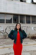Speranza, Unisex Green Kente Bomber Jacket Handwoven Fringe Outerwear