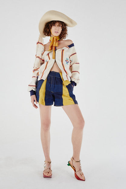 Lotus- off shoulder bomber jacket in Kente and silk