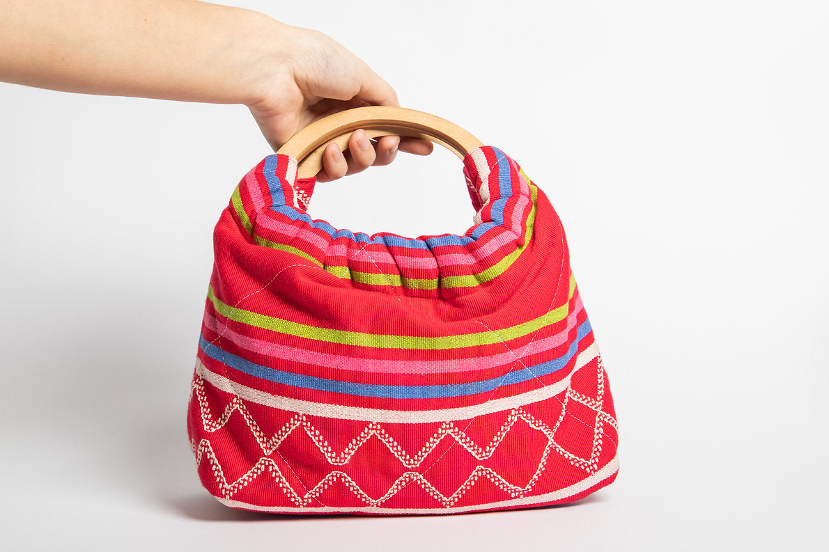 Anello, Mini borsa a mano trapuntata reversibile, Manico in bambù intrecciato