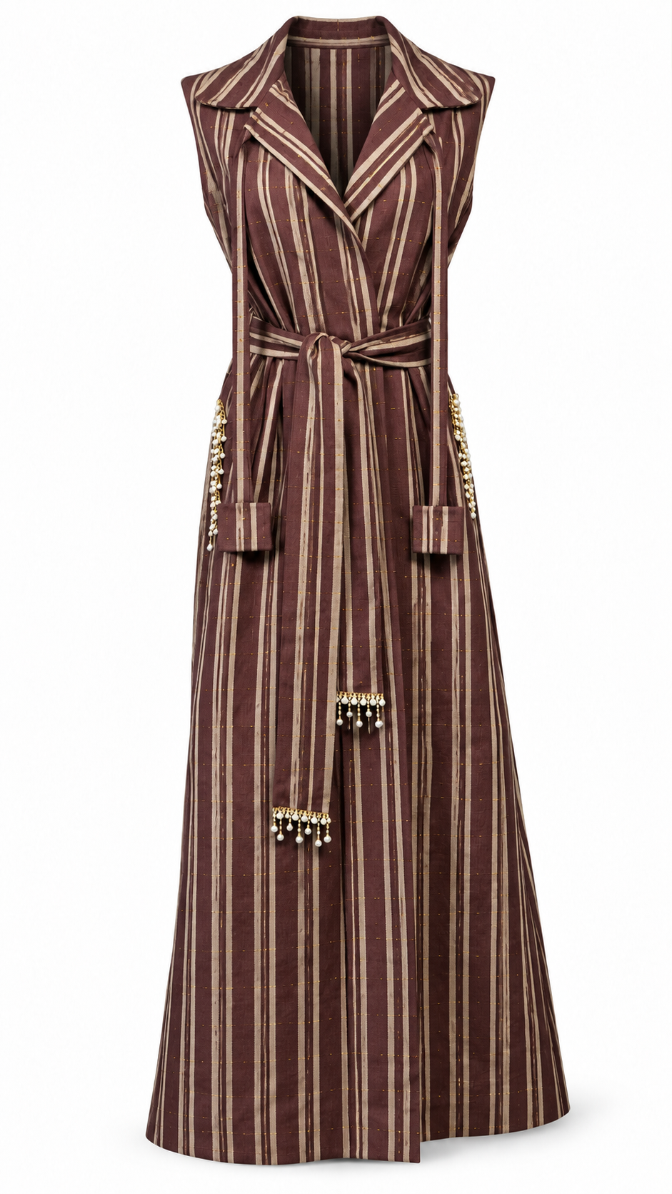 Abaya longue sans manches ABI Chocolate, confectionnée à la main avec ornements et ceinture