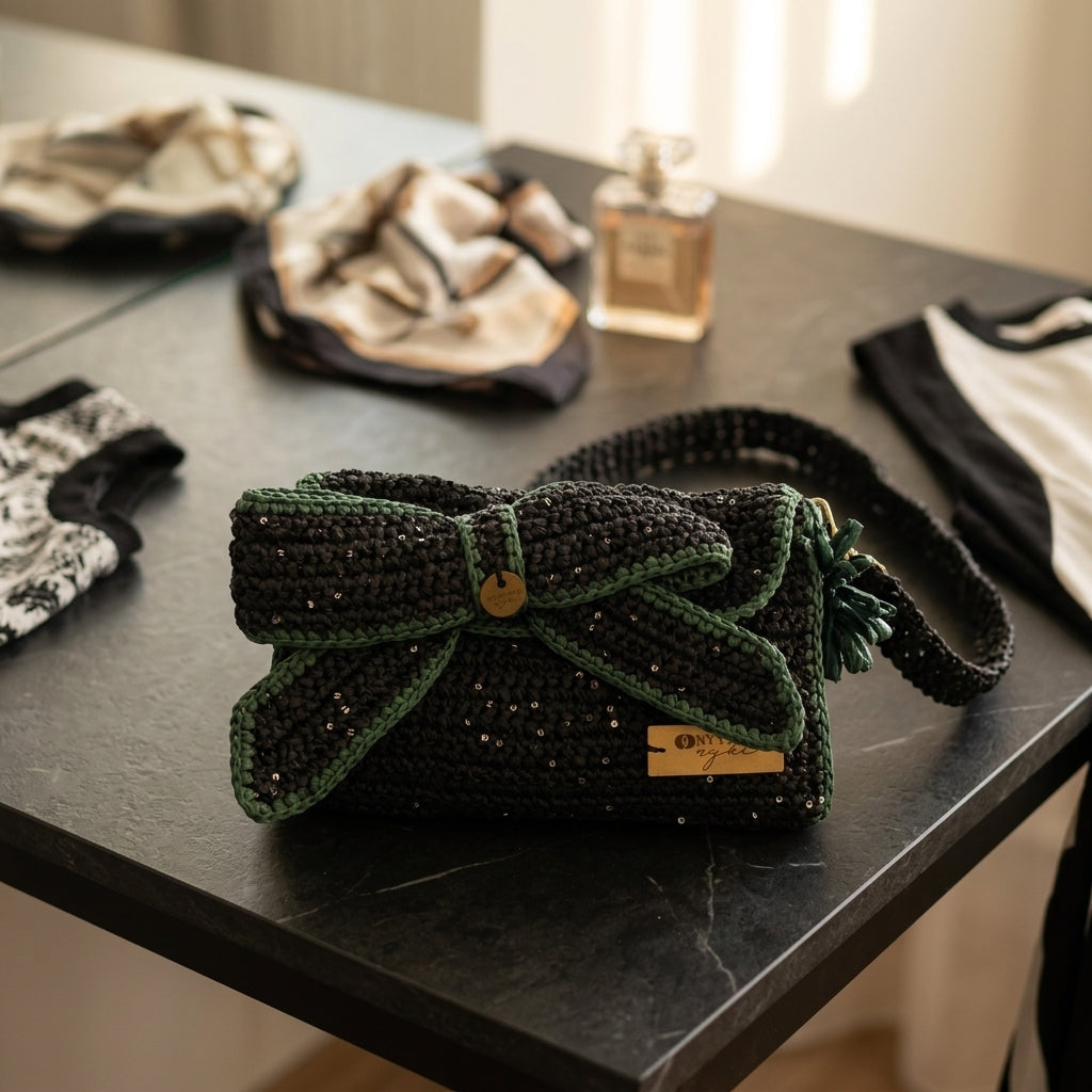 Bow, Sustainable Handcrafted Black & Green Raffia Clutch