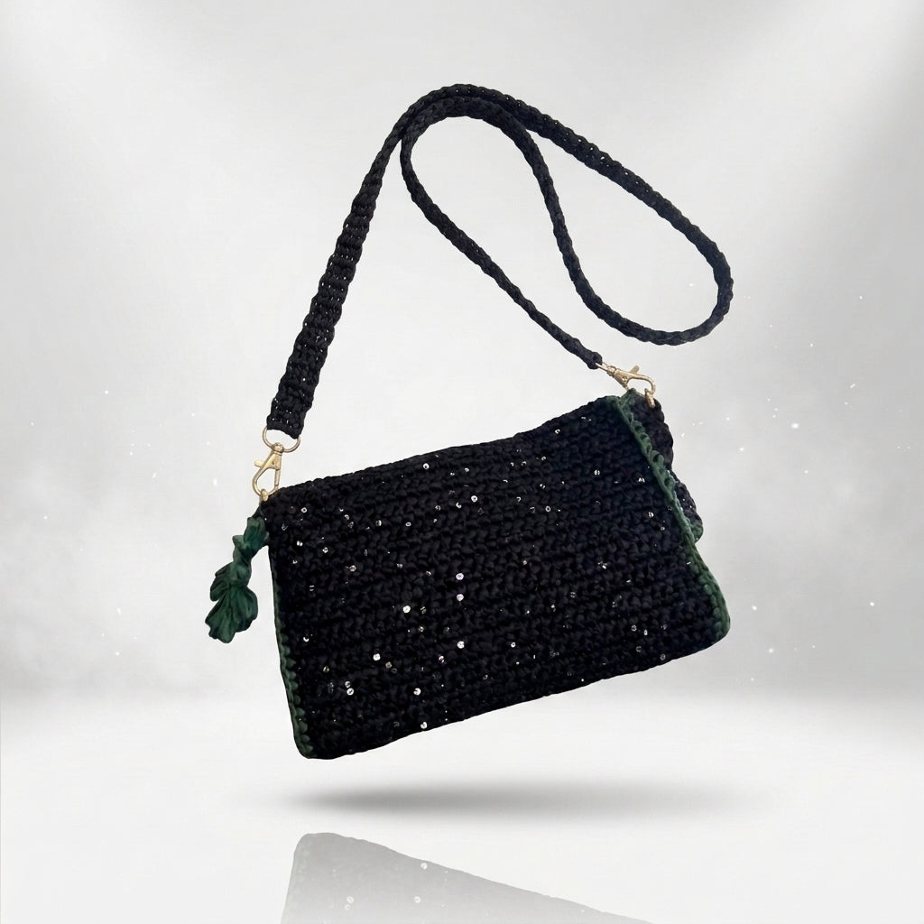 Bow, Sustainable Handcrafted Black & Green Raffia Clutch