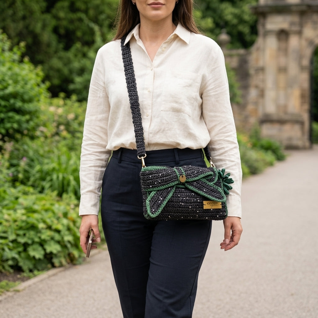 Bow, Sustainable Handcrafted Black & Green Raffia Clutch