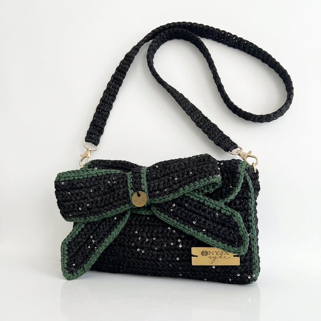 Bow, Sustainable Handcrafted Black & Green Raffia Clutch