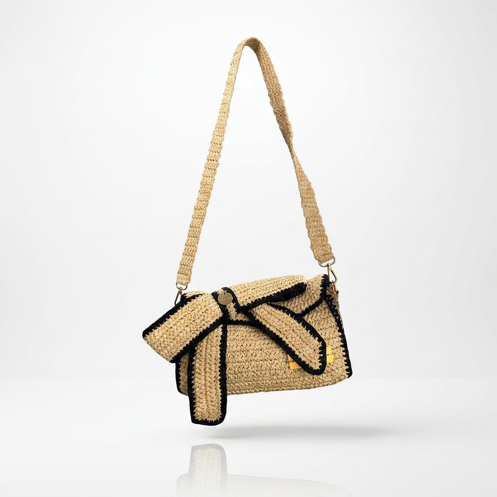 Bow, Sustainable Handcrafted Beige & Black Raffia Clutch