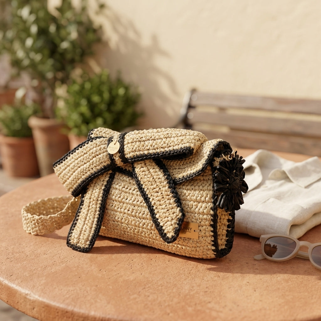 Bow, Sustainable Handcrafted Beige & Black Raffia Clutch