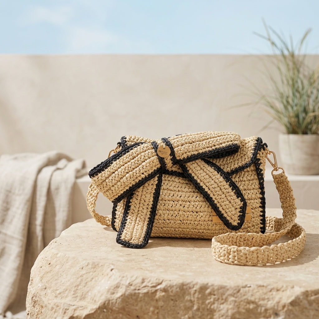 Bow, Sustainable Handcrafted Beige & Black Raffia Clutch