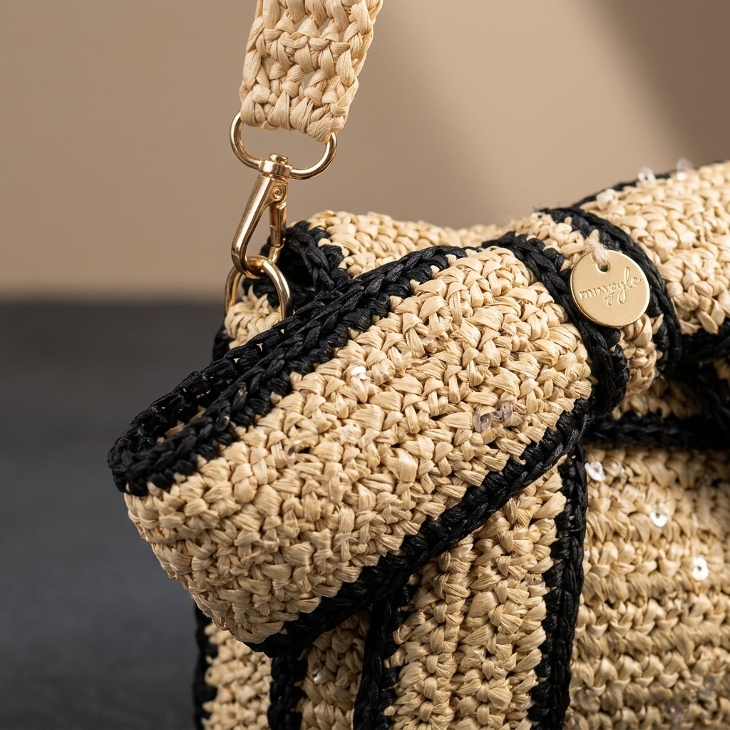 Bow, Sustainable Handcrafted Beige & Black Raffia Clutch
