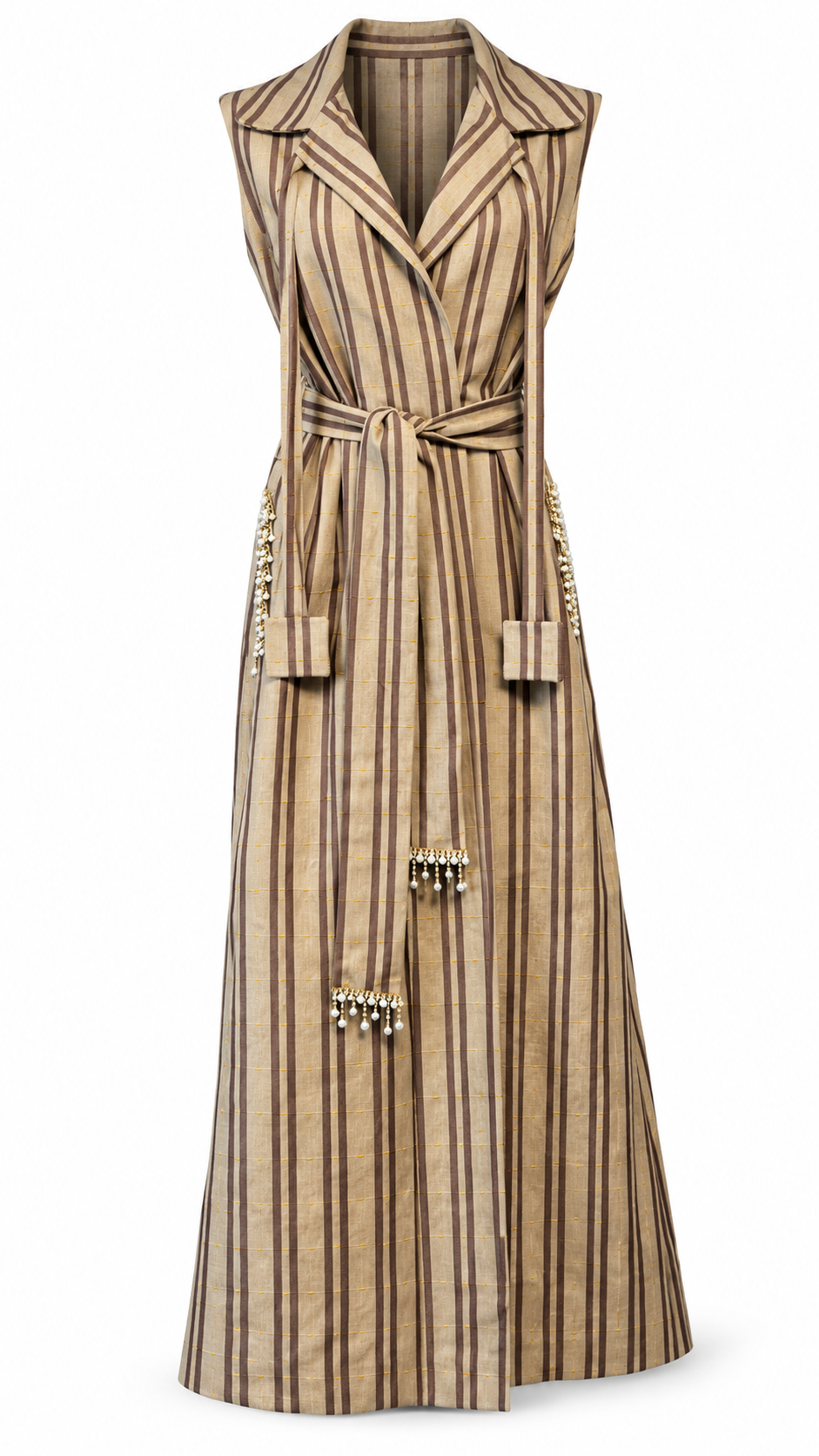Abaya ABI Cream, longue et sans manches, confectionnée à la main avec ornements et ceinture