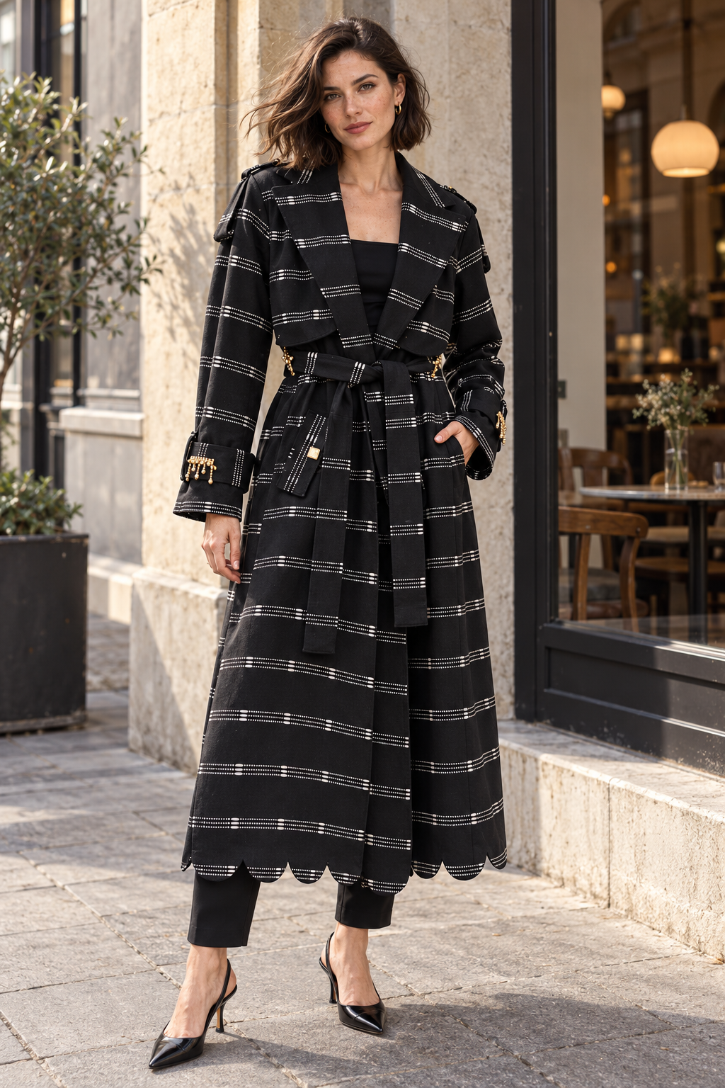 Vera Trench, Black Handcrafted Kente & Rhinestone Long Coat with Batik Lining