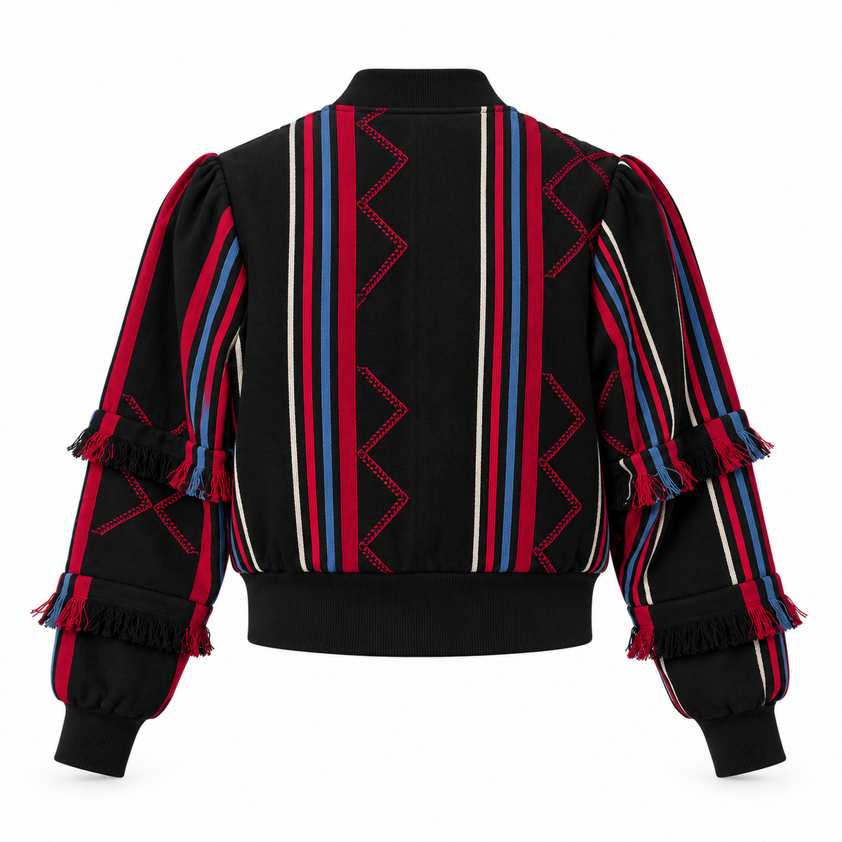 Speranza, bomber in tweed unisex intessuto a mano nero con frange