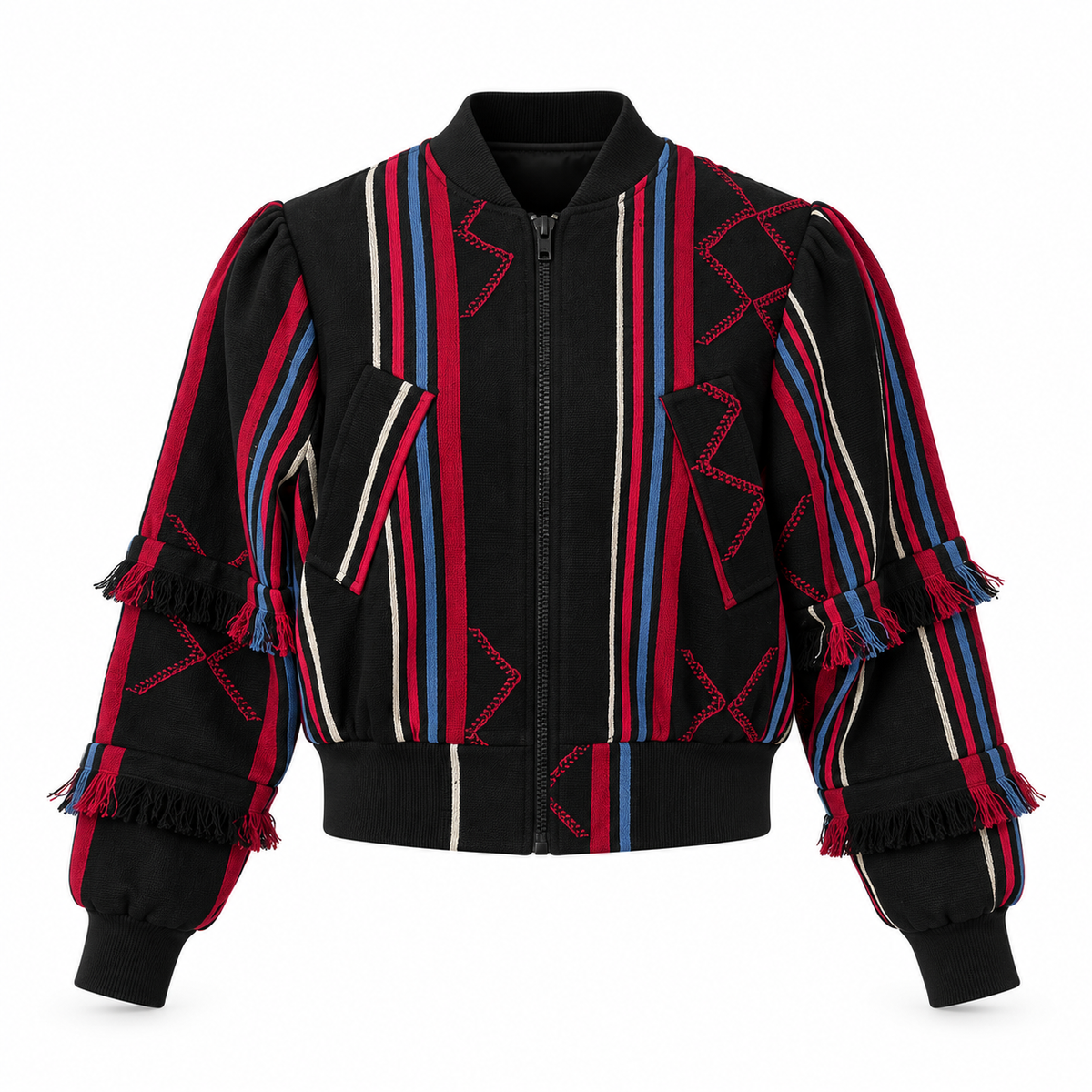 Speranza, bomber in tweed unisex intessuto a mano nero con frange