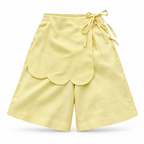 Alessia Yellow Asymmetrical Linen Wide-Leg Shorts with Scalloped Panel & Side Lacing