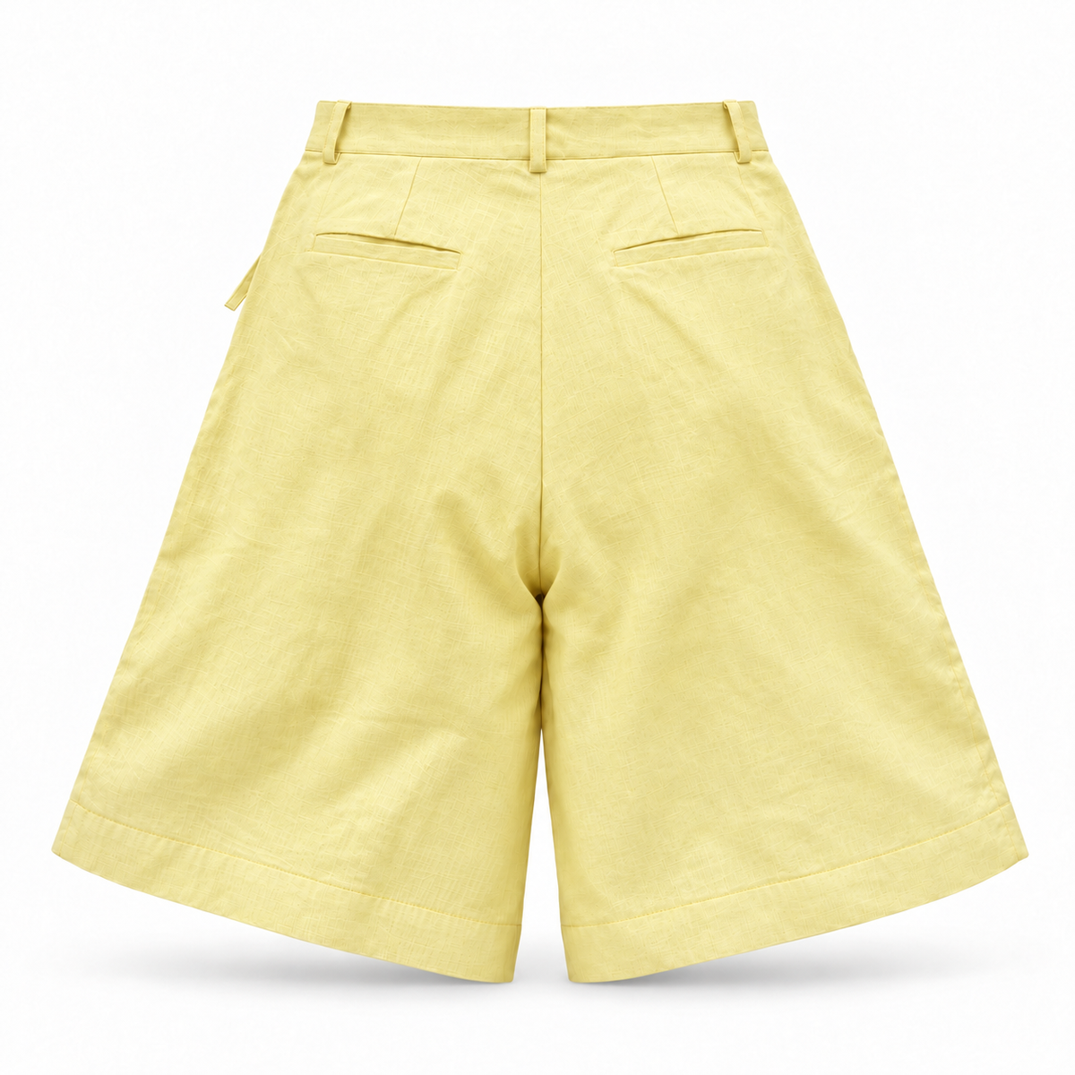 Alessia Yellow Asymmetrical Linen Wide-Leg Shorts with Scalloped Panel & Side Lacing