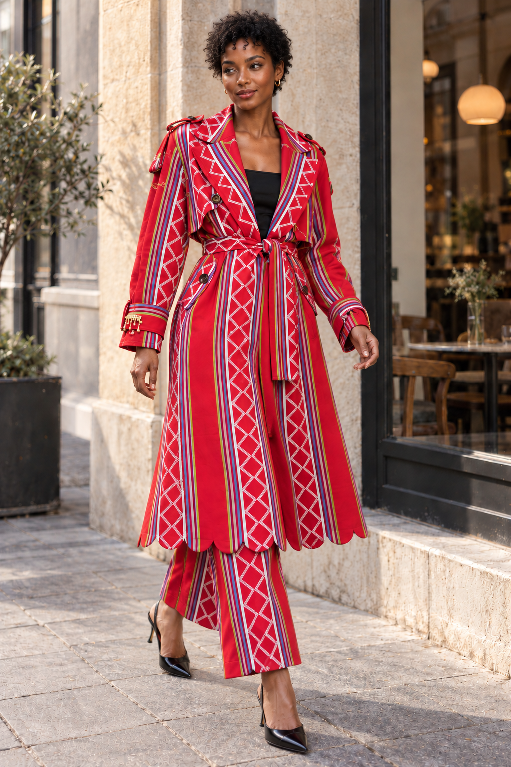 Vera Trench, cappotto lungo artigianale bianco in Kente e strass con fodera in batik (Copia)