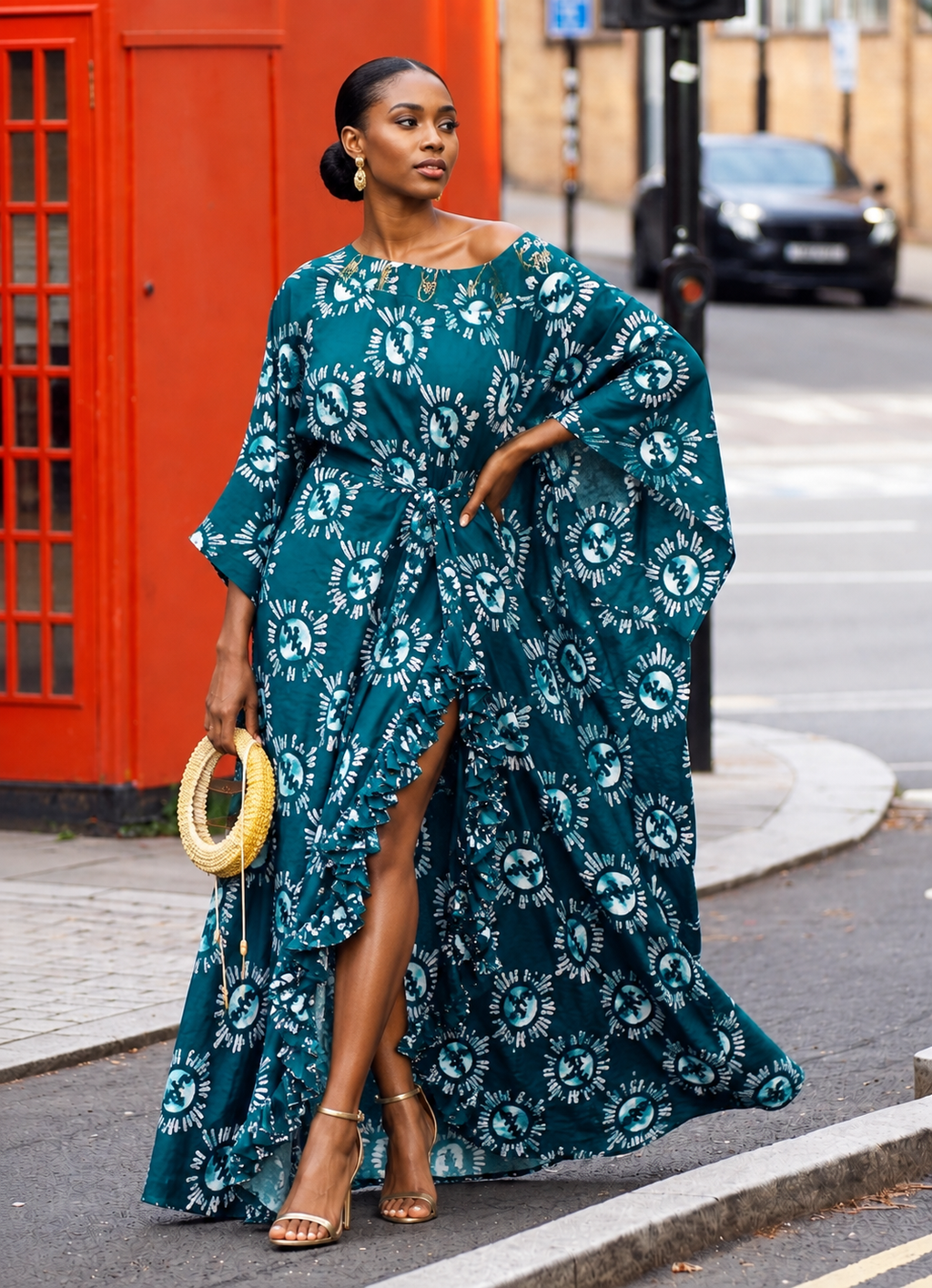 Lome, Women's Handcrafted Batik Kaftan Maxi Dress with Ruffled Slit