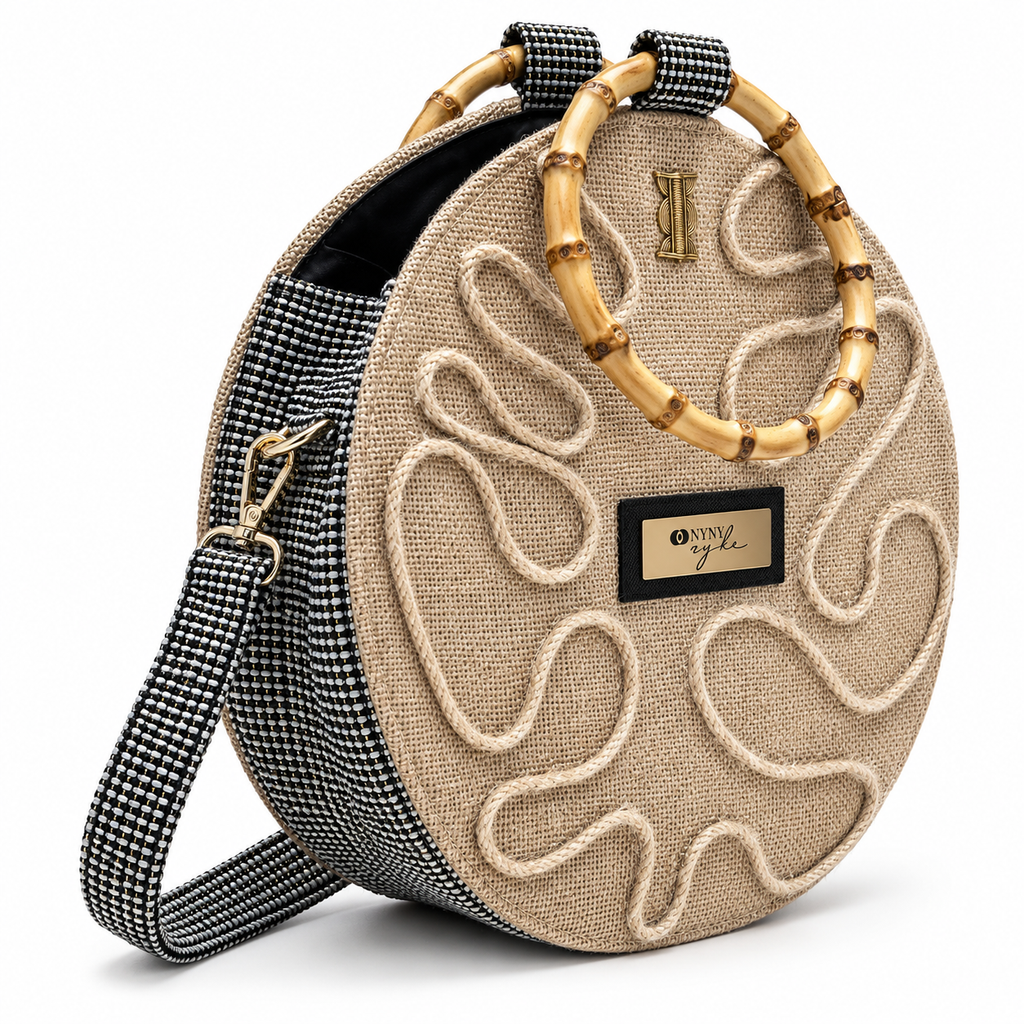 Afrodisk, Borsa artigianale in juta e Kente con manici in bambù, colore nero