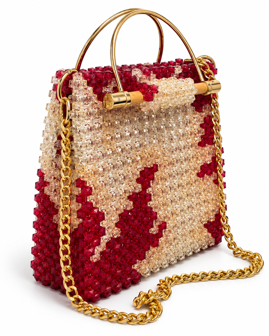 Cube, Handcrafted Zebra Crystal Beaded Handbag with Bamboo & Silver Handles