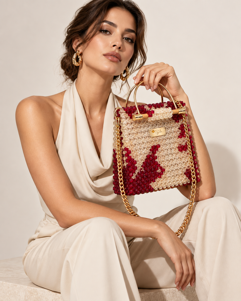 Cube, Handcrafted Zebra Crystal Beaded Handbag with Bamboo & Silver Handles