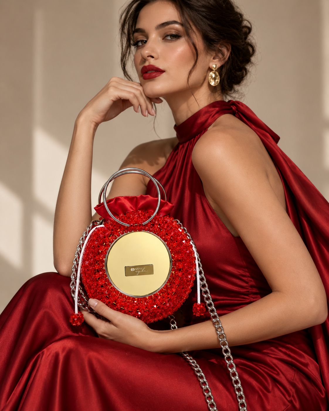 Mirror, Handcrafted Red Beaded Crystal Handbag with Pouch