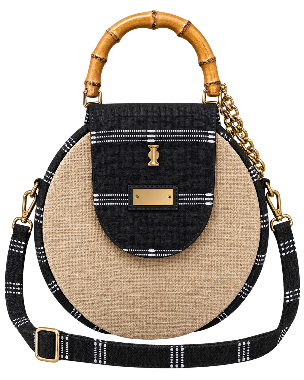 Afrodisk, Handcrafted Jute & Kente Bag with Bamboo Handles in Black