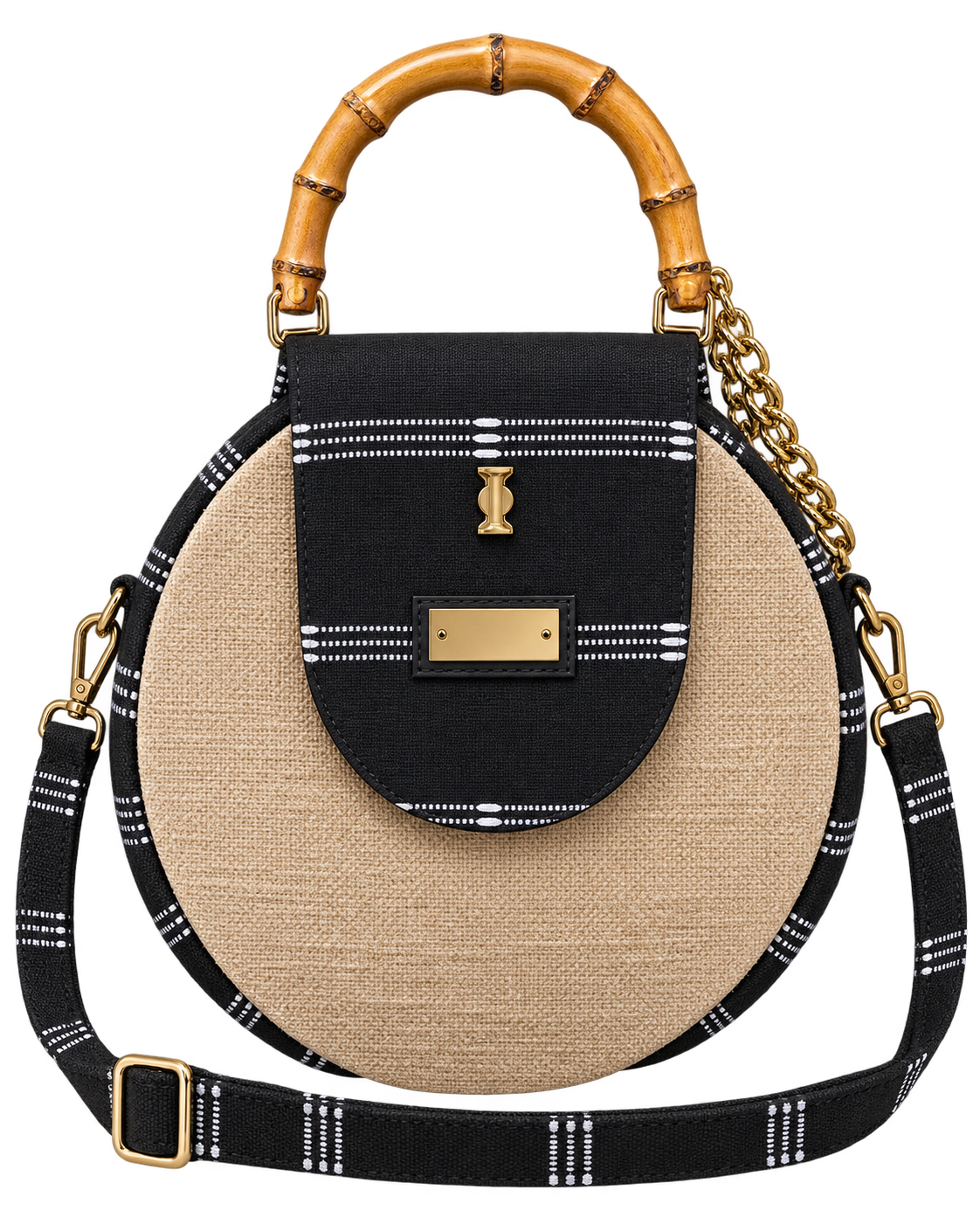 Afrodisk, Handcrafted Jute & Kente Bag with Bamboo Handles in Black