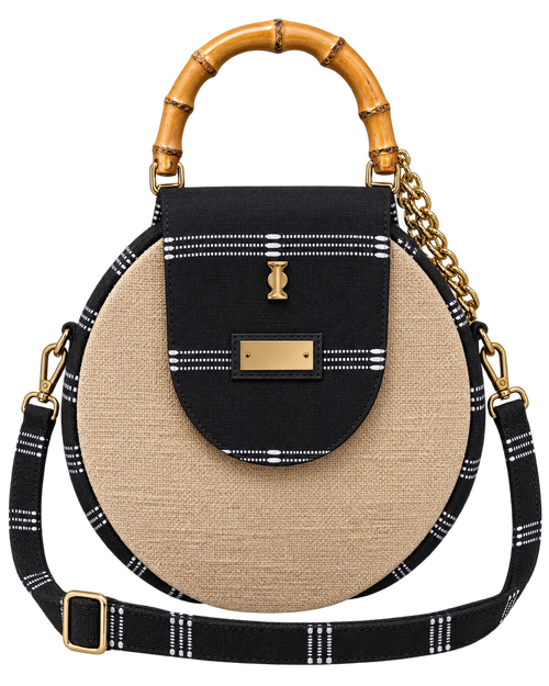 Afrodisk, Handcrafted Jute & Kente Bag with Bamboo Handles in Black