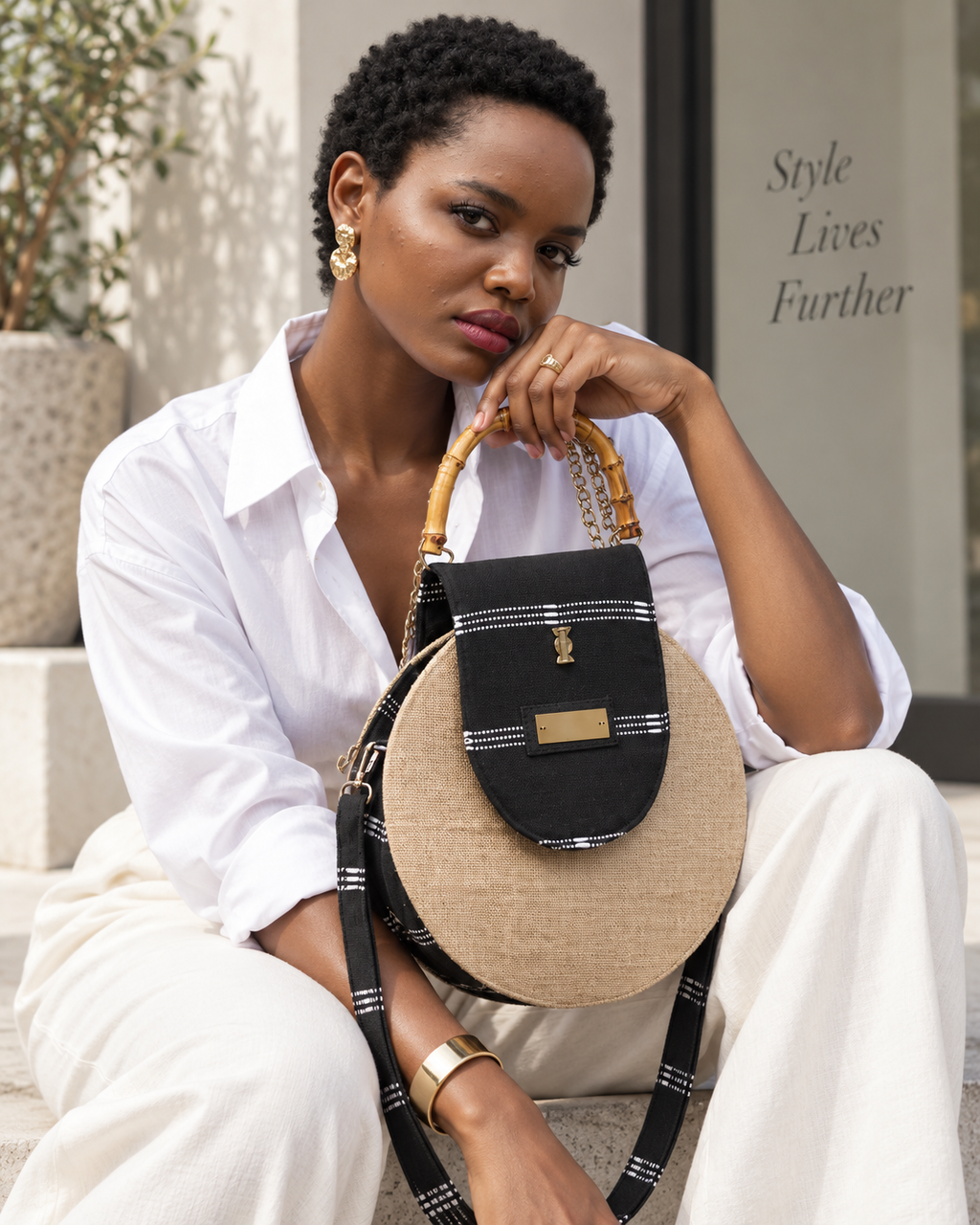 Afrodisk, Handcrafted Jute & Kente Bag with Bamboo Handles in Black