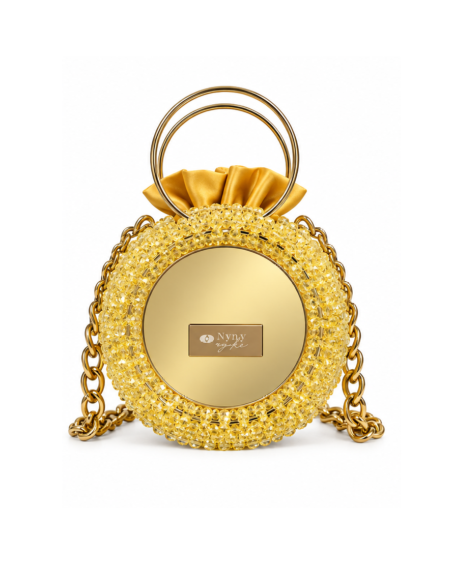Mirror, Handcrafted Gold Beaded Crystal Handbag with Pouch