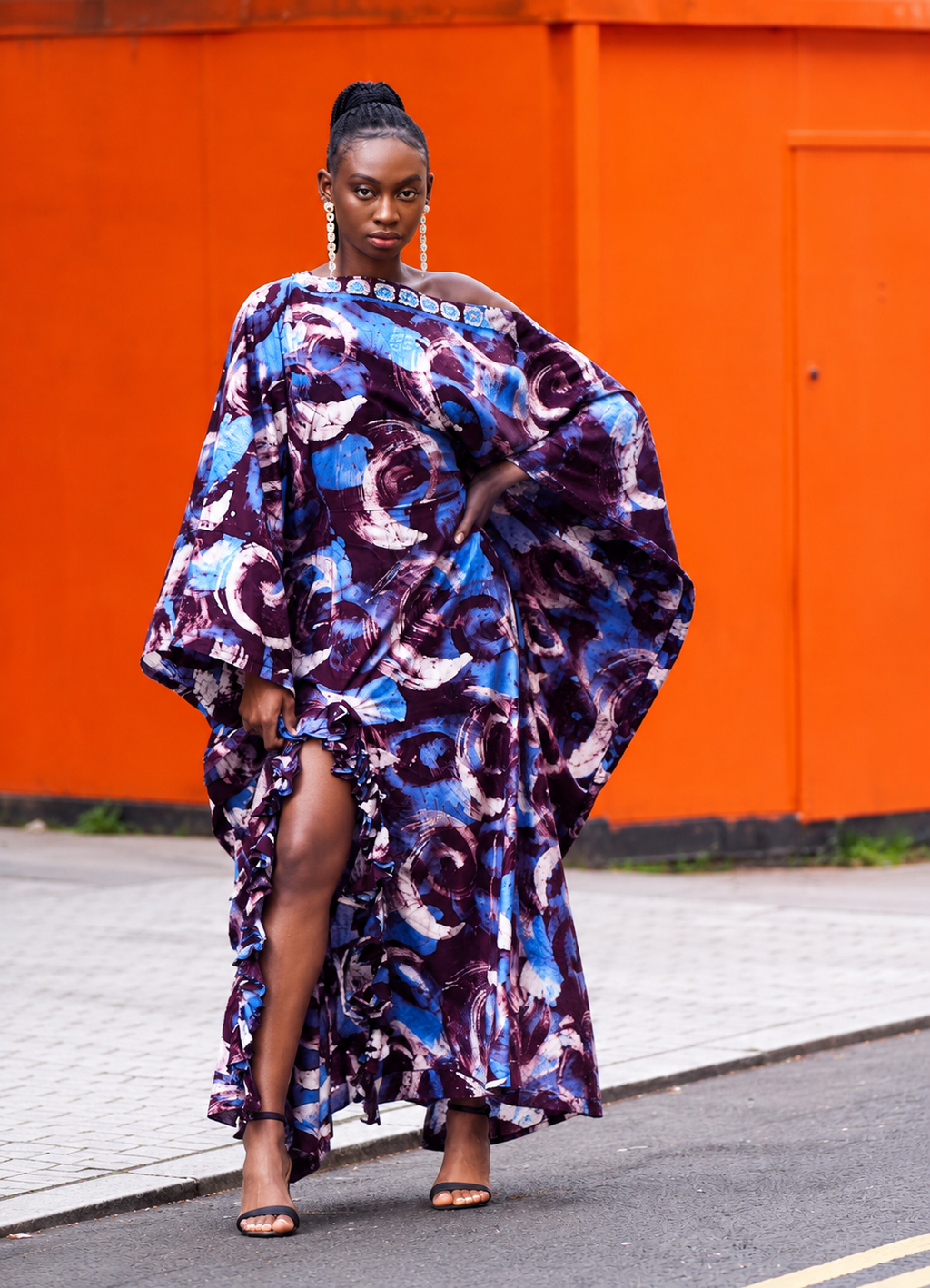 Lome, Women's Handcrafted Batik Kaftan Maxi Dress with Ruffled Slit