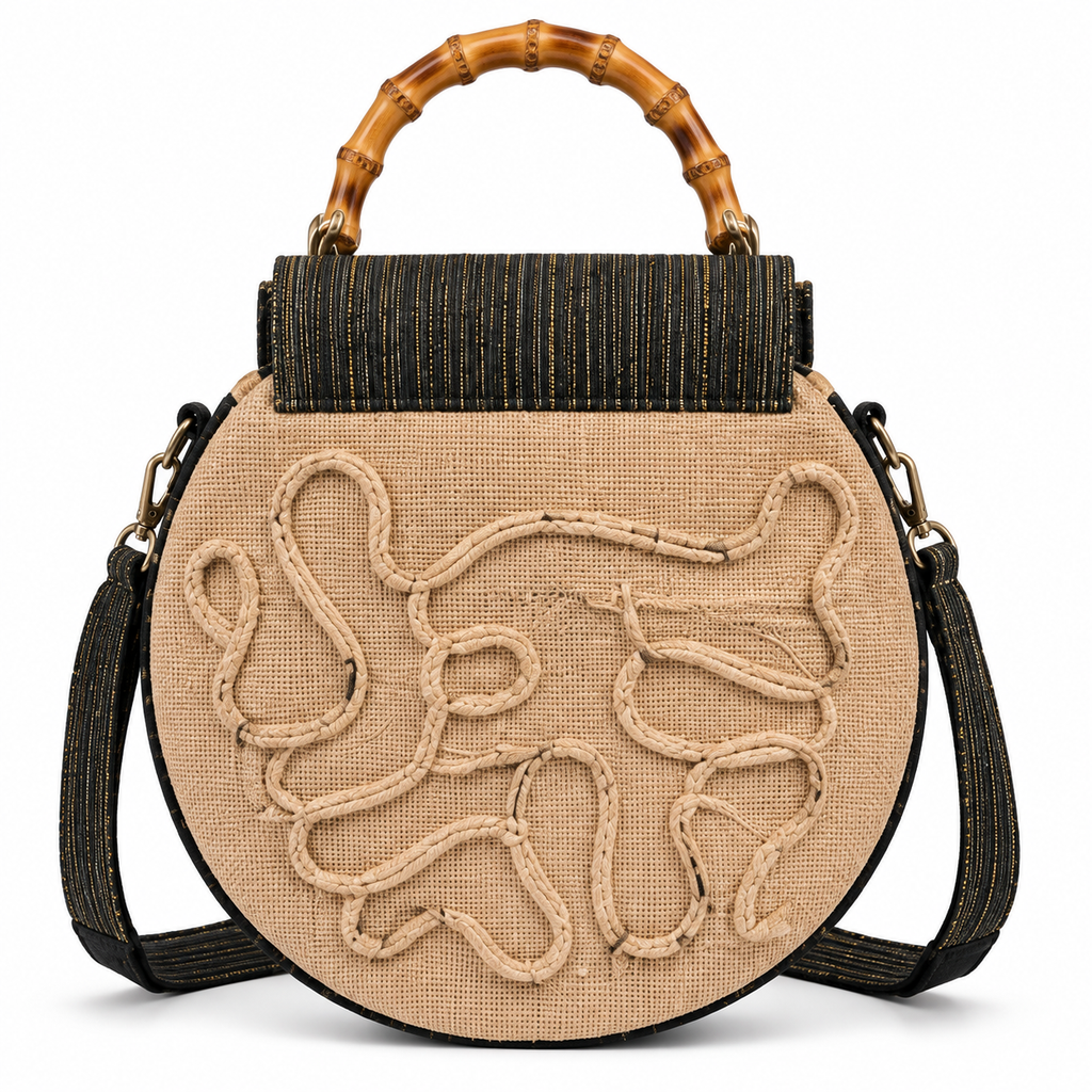 Afrodisk, borsa artigianale in iuta e Kente con manici in bambù color marrone
