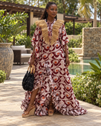 Cotonou, Handcrafted Fluid Batik Cotton Maxi Dress with Raffia Collar
