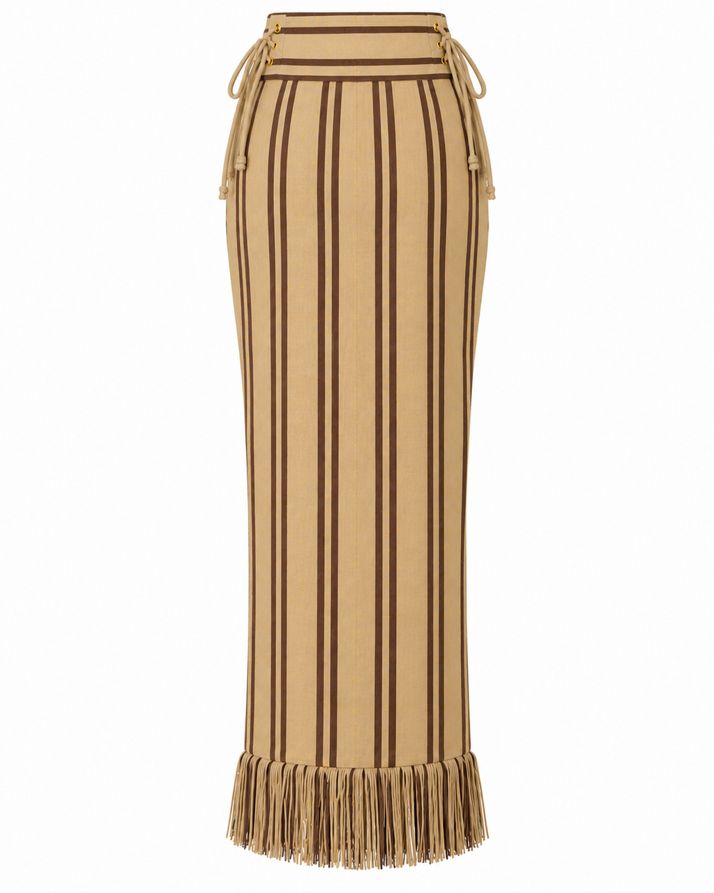 Jupe crayon taille haute Milena en Kente crème à rayures marron, confectionnée à la main
