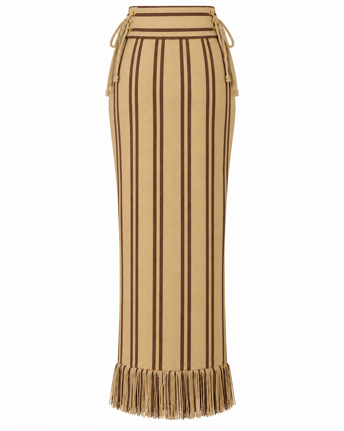 Jupe crayon taille haute Milena en Kente crème à rayures marron, confectionnée à la main