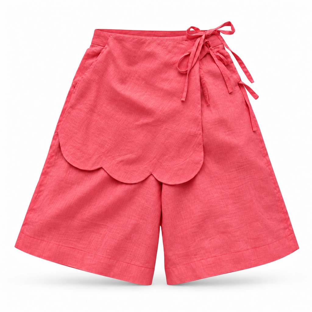 Alessia Fuchsia Asymmetrical Linen Wide-Leg Shorts with Scalloped Panel & Side Lacing