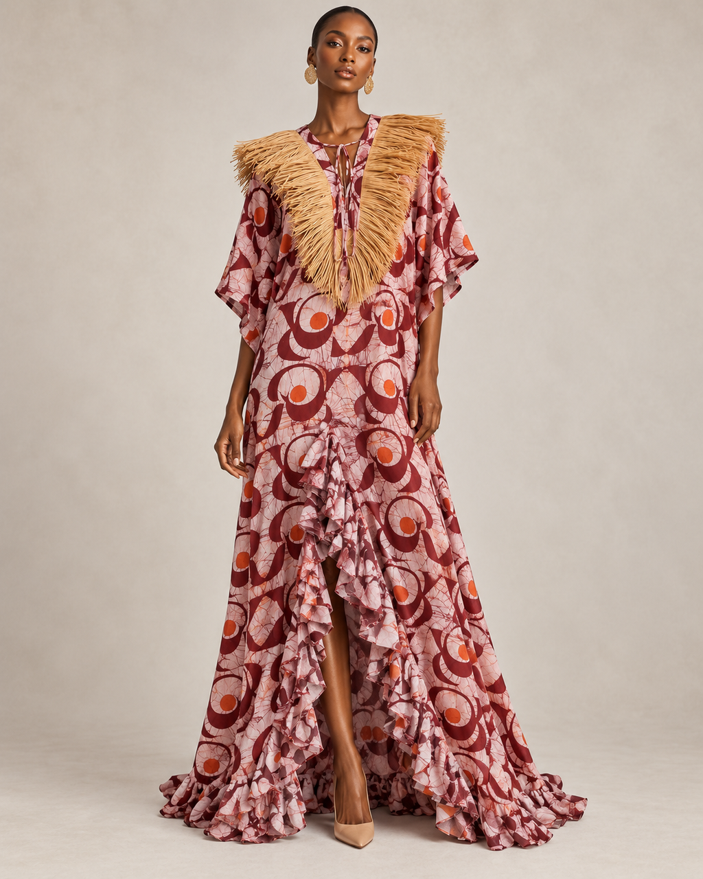 Cotonou, abito lungo in cotone batik fluido realizzato a mano con colletto in rafia