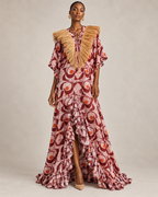 Cotonou, abito lungo in cotone batik fluido realizzato a mano con colletto in rafia