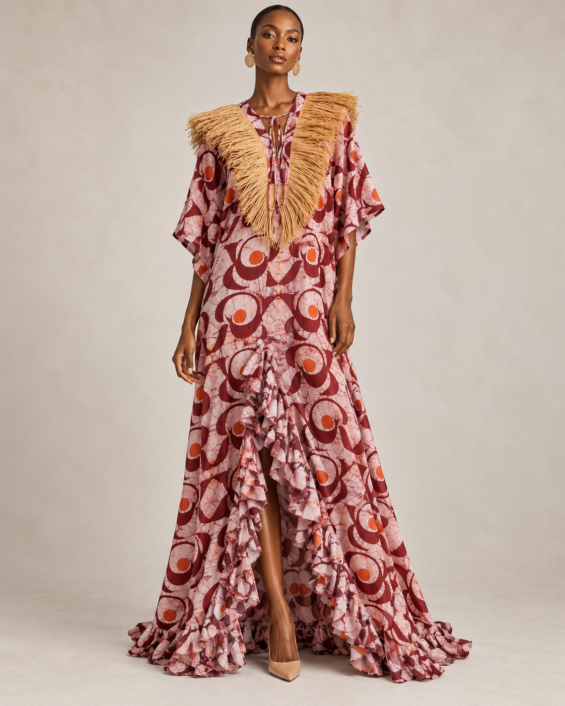 Cotonou, abito lungo in cotone batik fluido realizzato a mano con colletto in rafia
